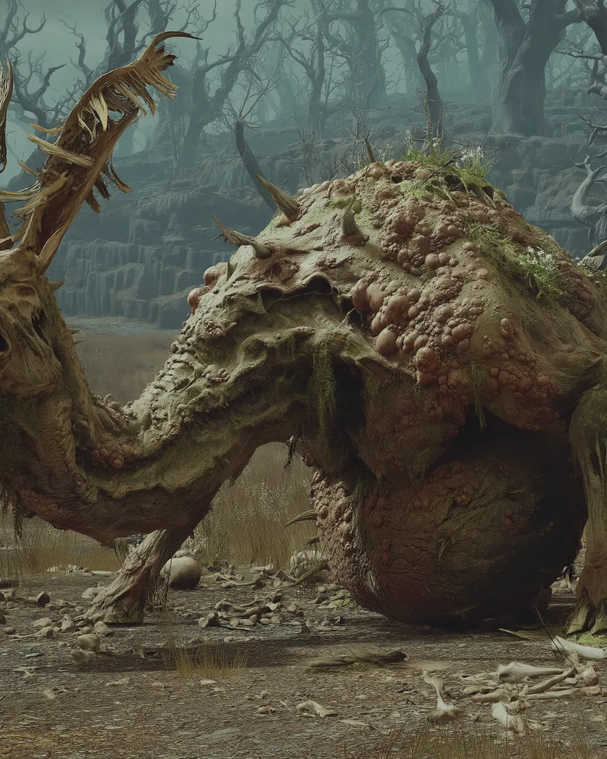 An Abomination of Chaos standing in a dead wood, built out of true, the weight carried on one side and last season's bones under its feet.