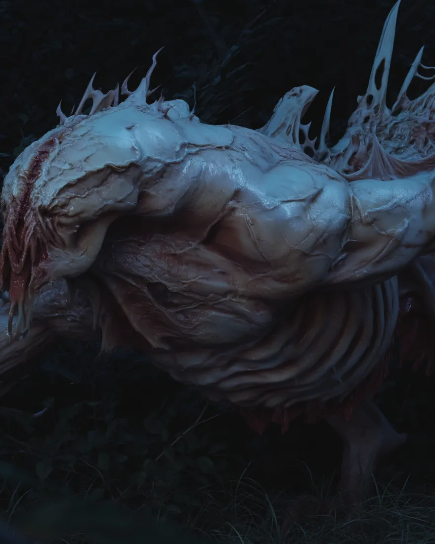 A pale forest Abomination in the undergrowth at night, flayed looking and spined the whole length of the back.