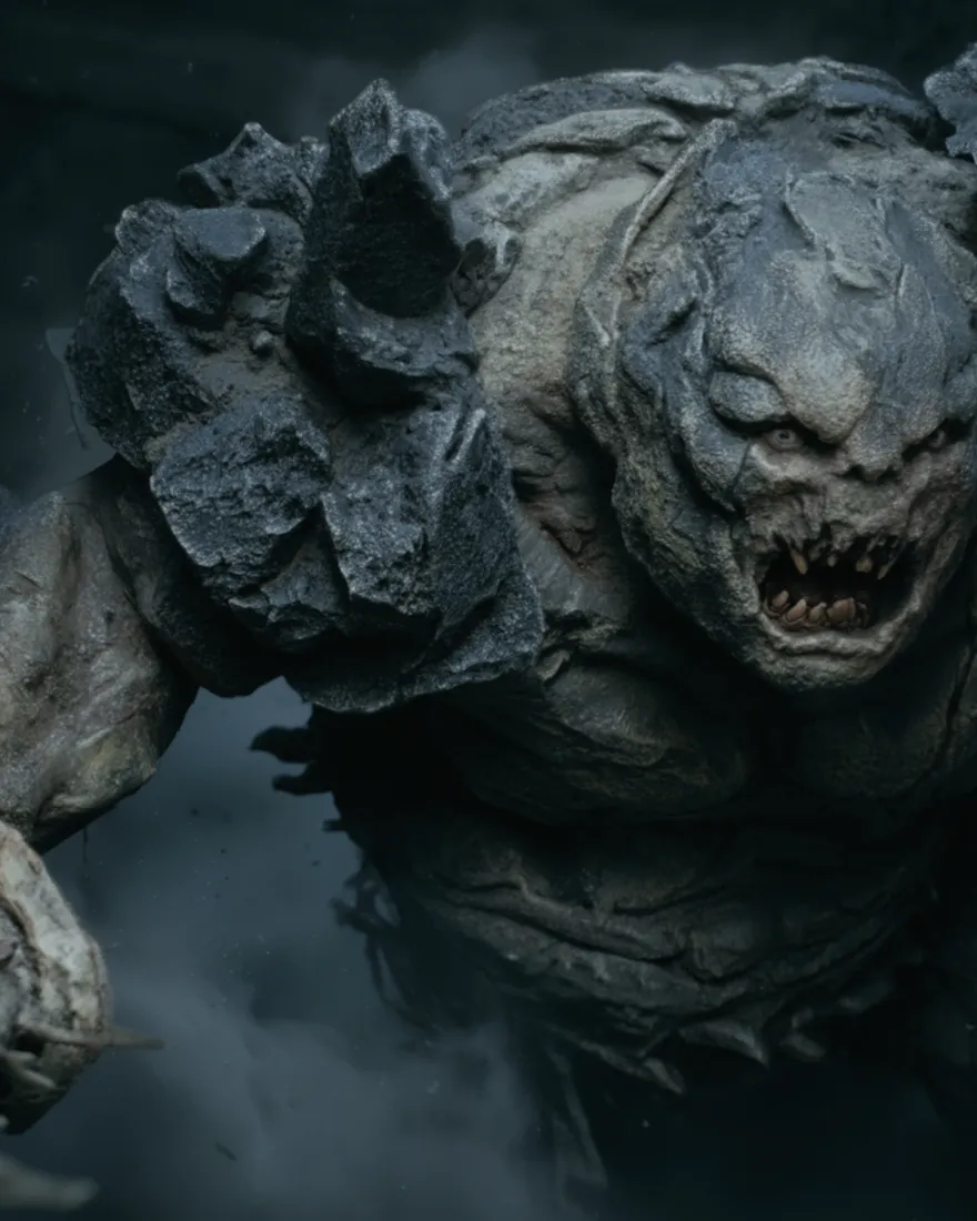 A great Abomination held on chains in a cellar, the shoulders crowding the vault and the jaw hanging open.