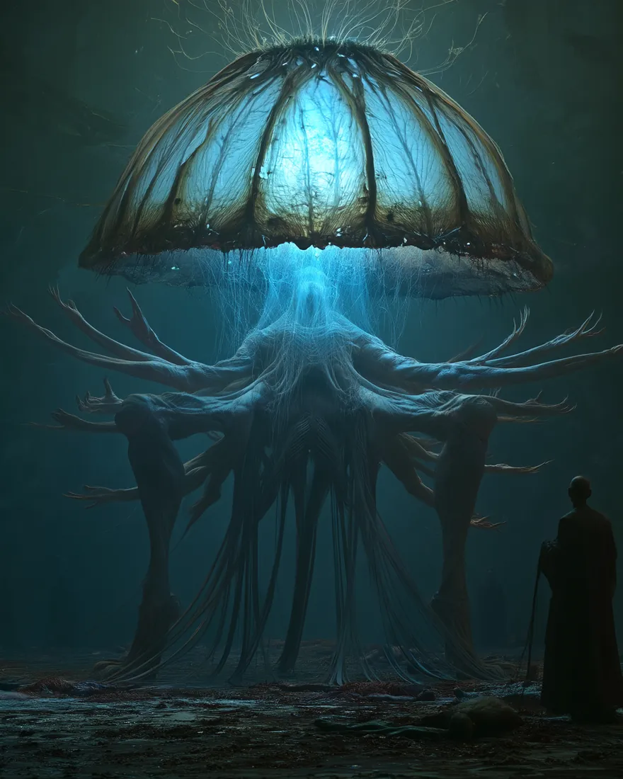 The old shape of the Alverians, lit from within and hanging on its tendrils, two of their servants standing small beneath it.