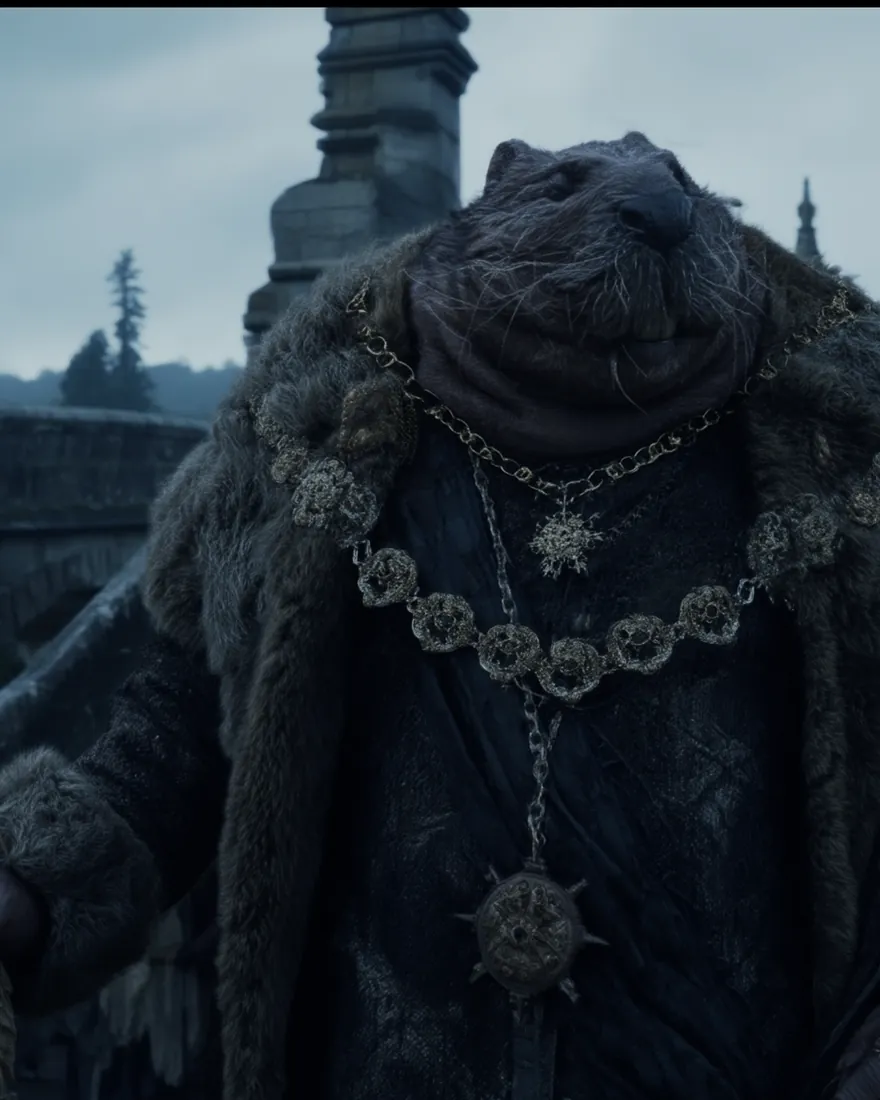 A Baruush noble on his own bridge, heavy in the chest and hung with chain, the toll road running away behind him.