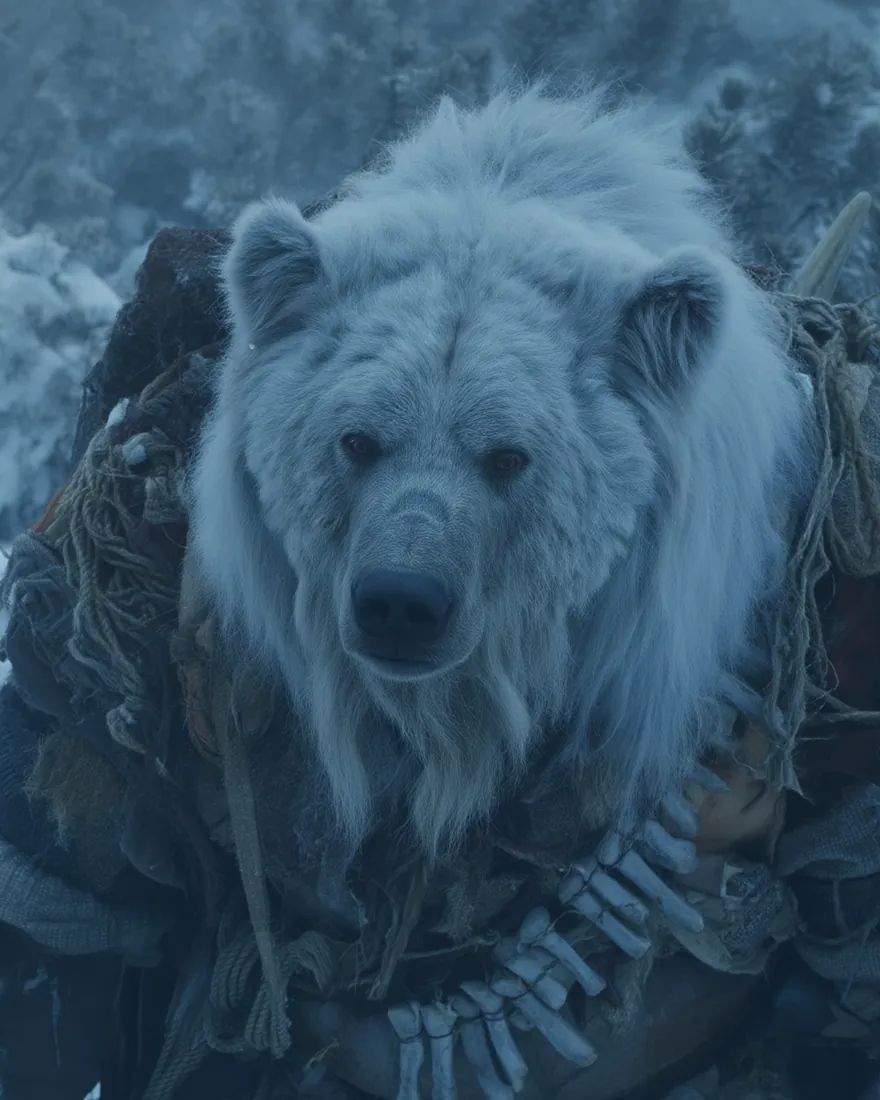 A Boalar in snow light, the white and blue fur hanging heavy off the shoulders and the back fur cloak over the neck.