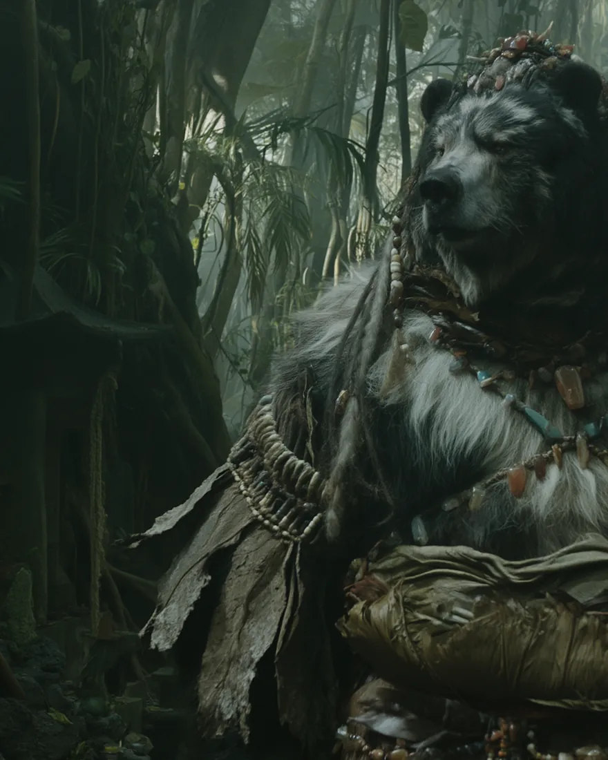 A Boalpa elder in jungle shade, heavy furred whiskers and raw gemstones braided into the soft fur.