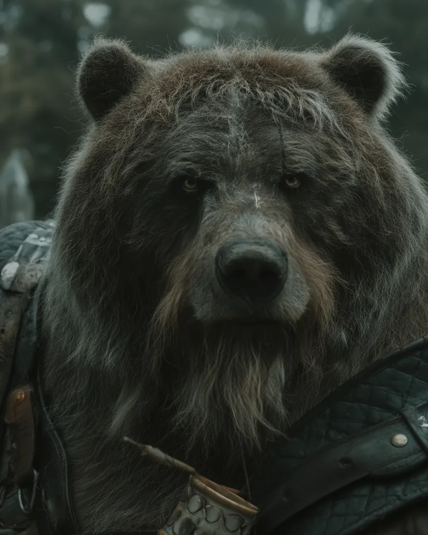 A Boalden at the stake line, rigid through the shoulder under thick matted hair, the back fur cloak hanging from the neck to the collarbone.