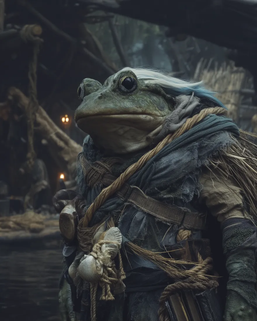 A young Bogish on the walkways of a floating bog town, frog head on a lean Nu'umanoid frame, dressed in rope and reed.