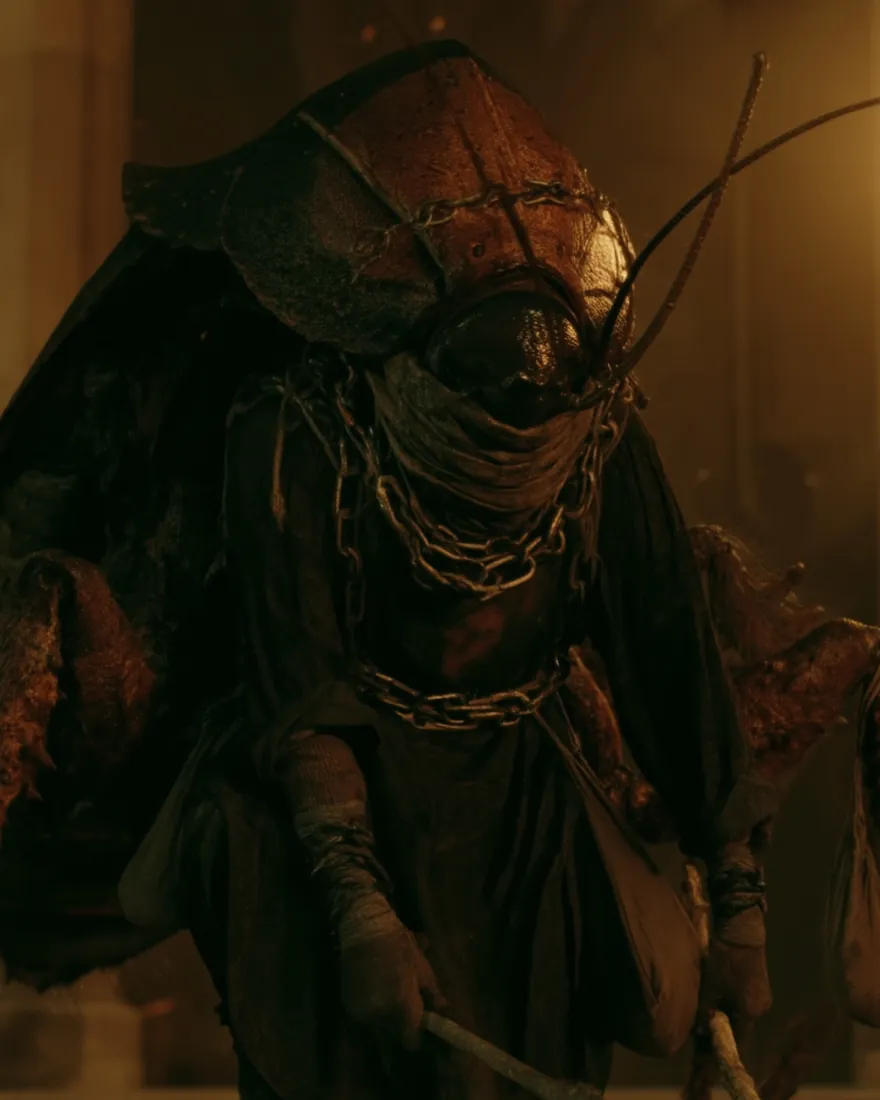 A Coksi at work in a lamplit hall, the hard black brown back shell above six rough limbs and the face turned out of the light.