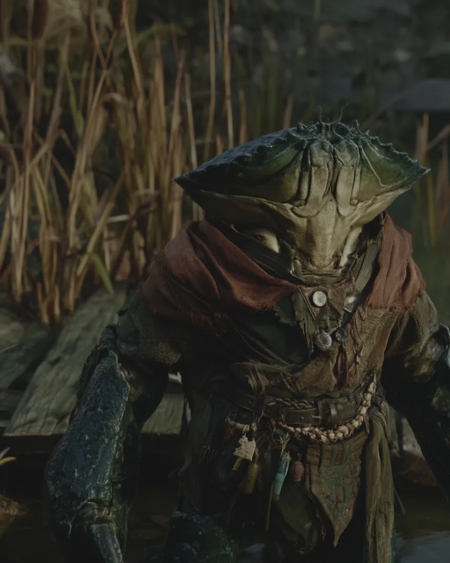 A Craetan standing in the reeds in surface folk clothing, the shell rounded and dark under an angular head shell.