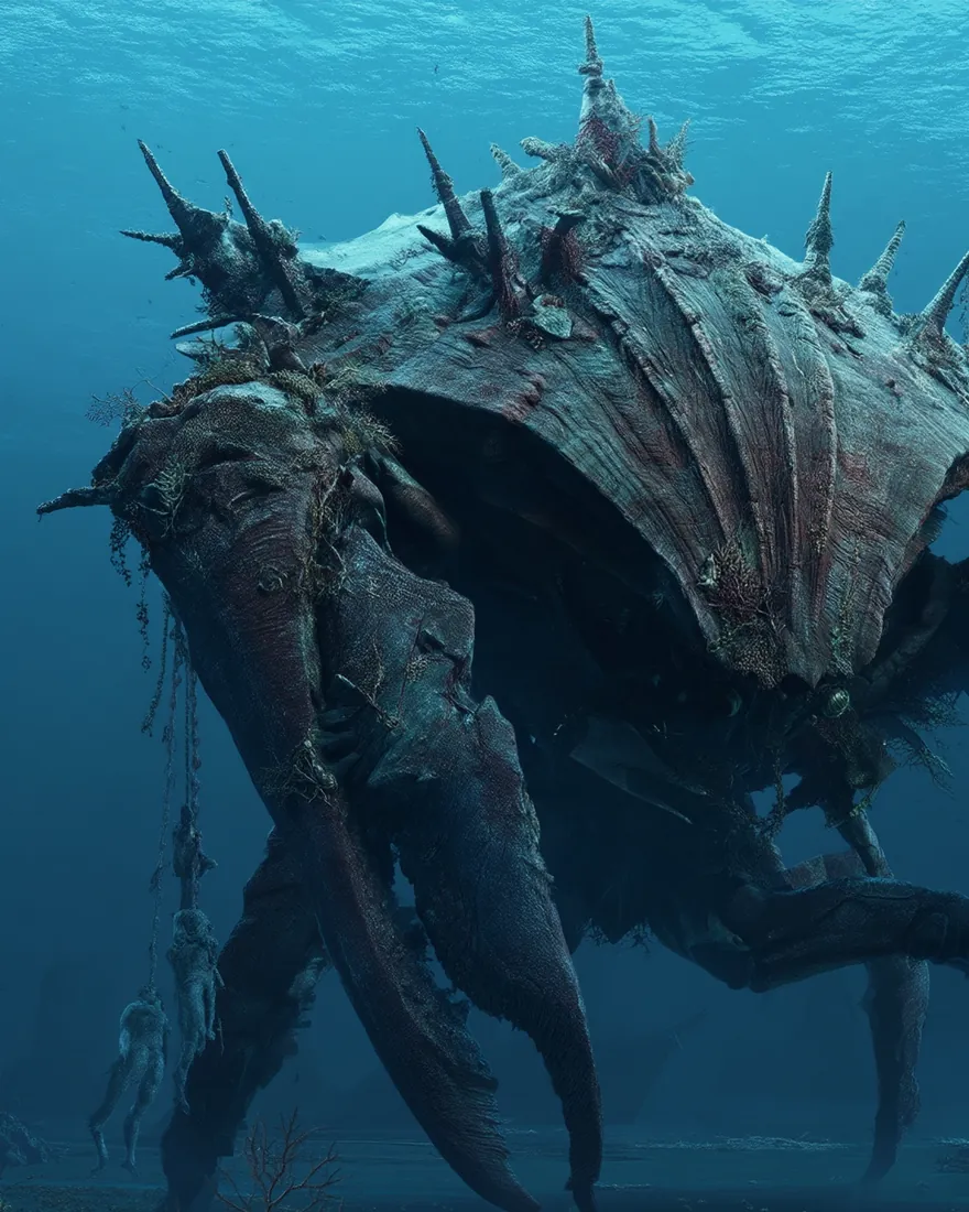 A Crag on the sea floor, treasure and the bones of thieves crusted into the shell, four legs planted over a wreck.