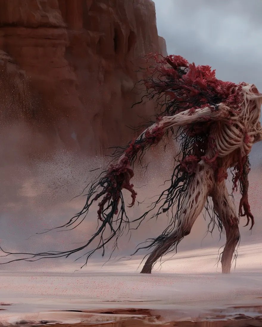 A Crimson horror walking the red canyon country, the flesh opened out into root and thread and still carrying itself forward.