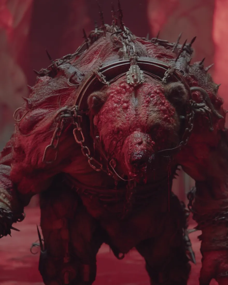 A Crimson taken beast in a flooded hall, collared and chained, the red standing in the water all round it.