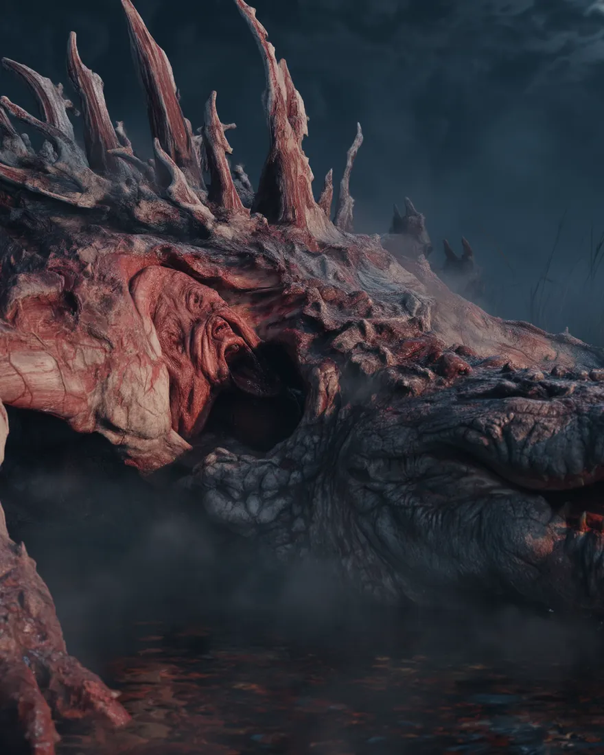 A Crimson crawler in the shallows at night, plated and spined, the rot showing pink between the plates.