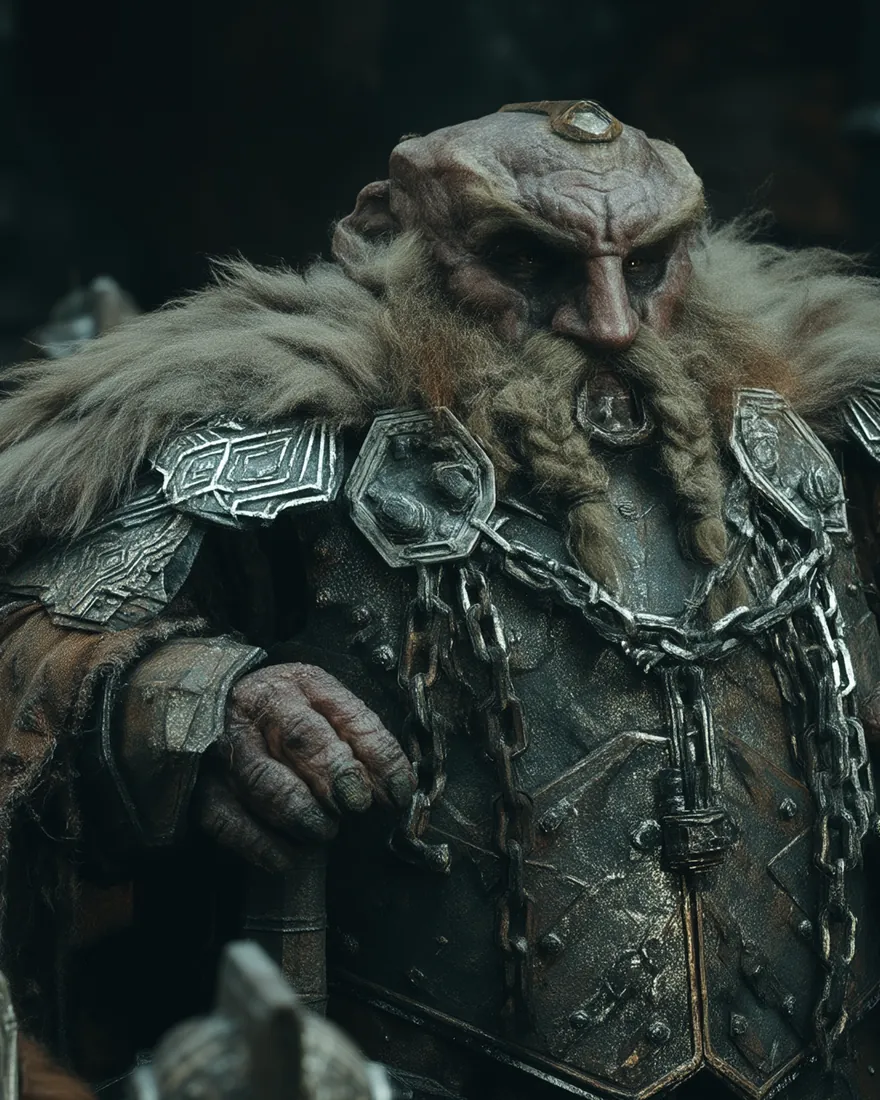 An Elder Knight in the heaviest worked plate the holds make, beard combed and hung with bone, his ranks standing behind him.