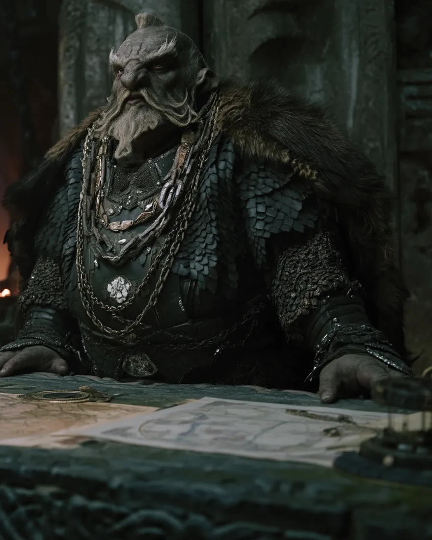 A Do'urssan commander at the stone map table of his hold, bone and silver hung across the plate and read as rank.