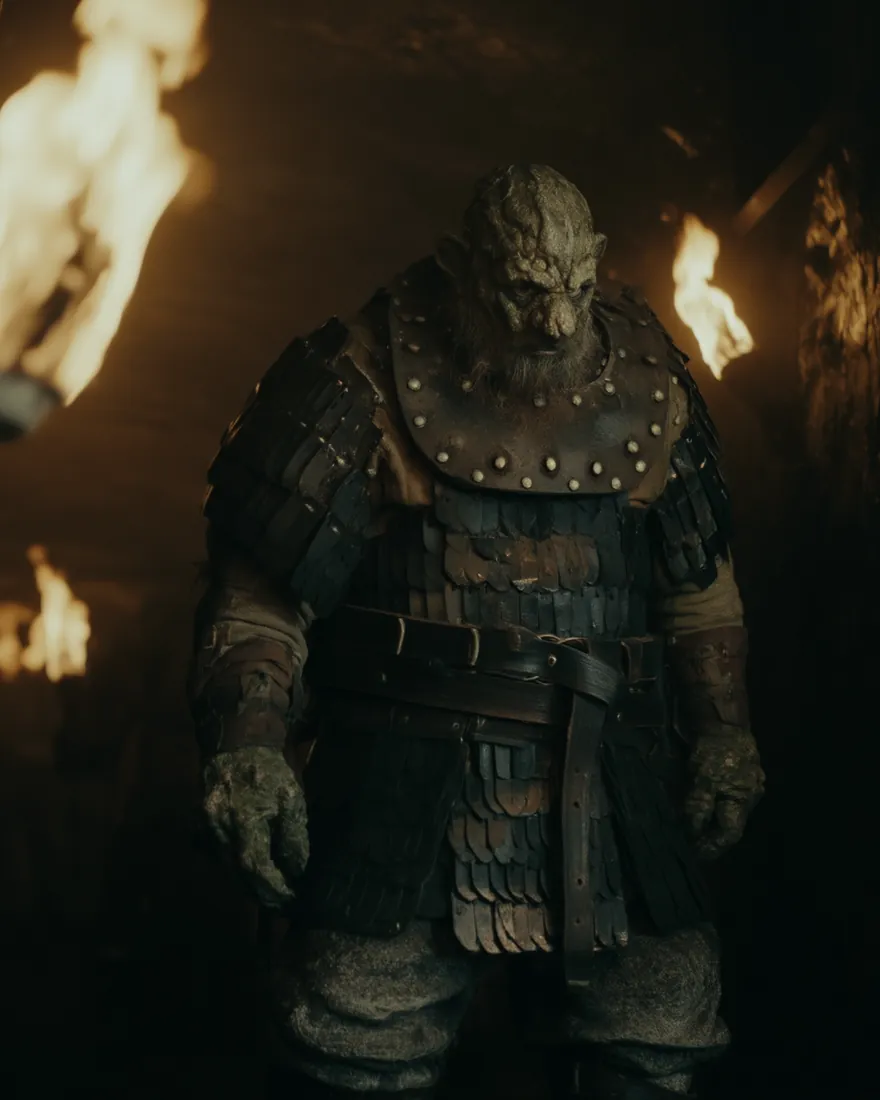 A Do'urssan standing watch in a torchlit passage of the Under Realm, armoured from shoulder to knee.