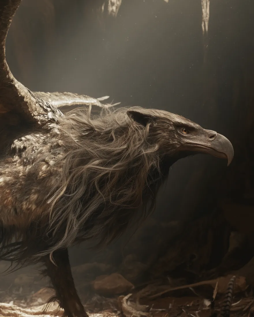 An Eaven in a shaft of light inside a hollowed god tree, horse sized and hunched, the wings growing straight out of the ribbed spine.