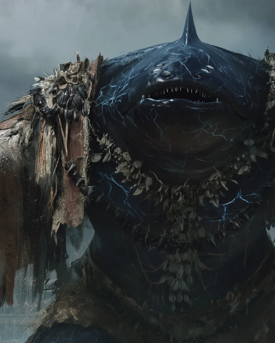 An Eeshak out of the salt shallows, the features sharp and bulbous and wrinkled with age, the charge crawling blue across the skin.