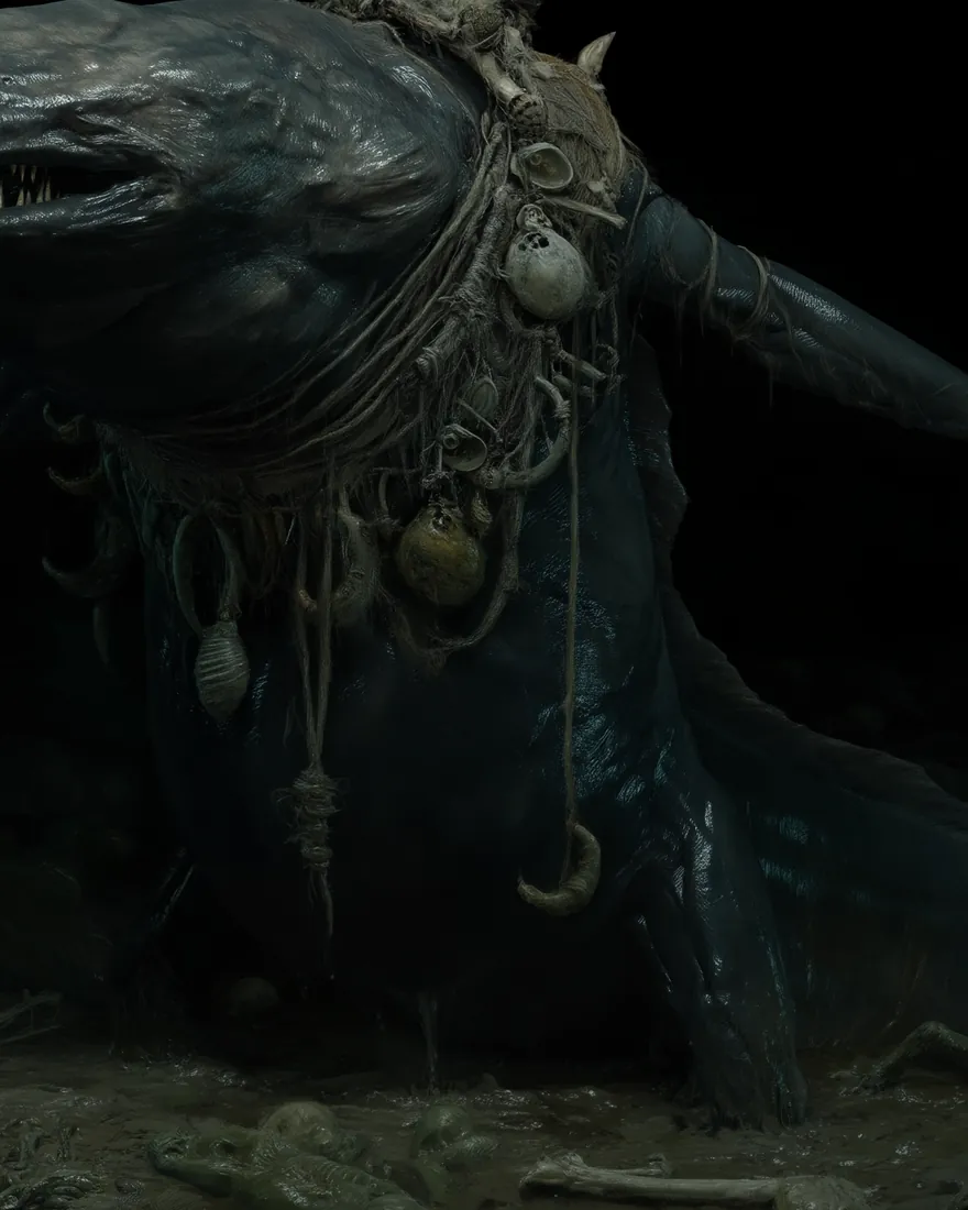An Eesham up out of the mud, gray black and ever smiling, the long jaw lined with teeth and the tail still in the pit.