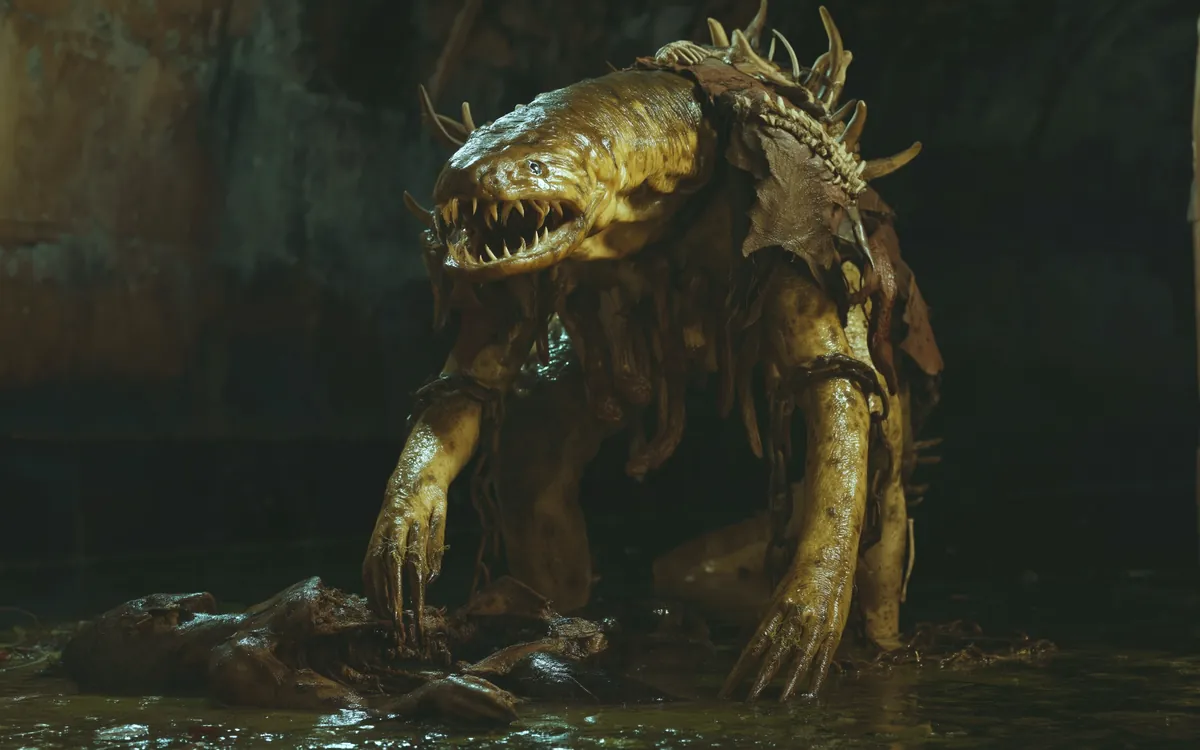 Bog water under a fallen arch where an Eshmor has been feeding, the bodies left lying at the waterline.