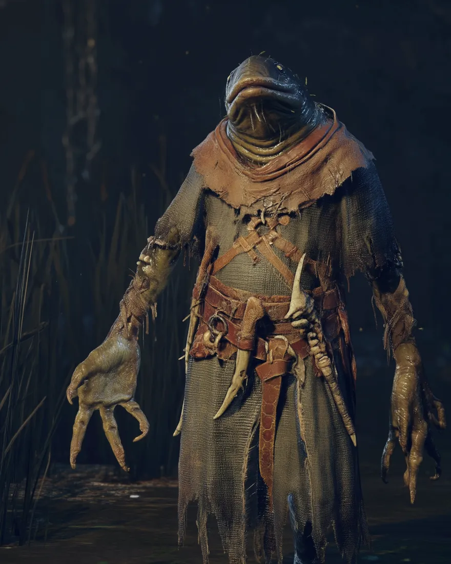 An Eesha standing in the reed water at night, hooks and chain hung above the slow river behind it.