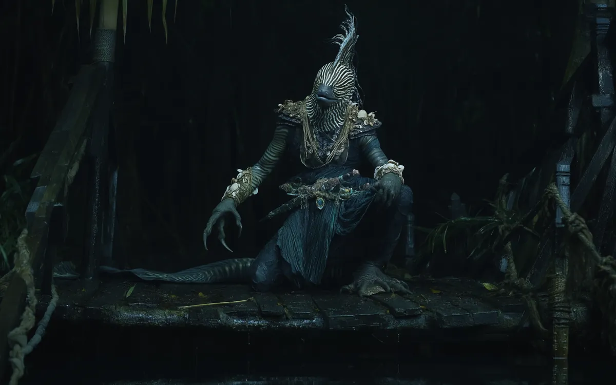 Warm dark water at the edge of tropical bog, a plank platform built out over it and a Zieken Eesha kneeling at the end.