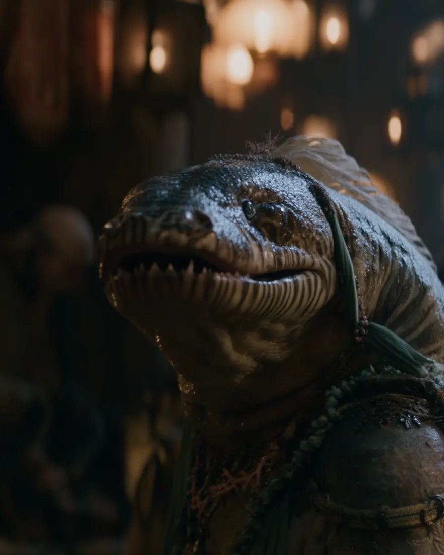 A Zieken Eesha in a lantern lit market, white grey and black striping over the eel head, the teeth showing along the hard lip.