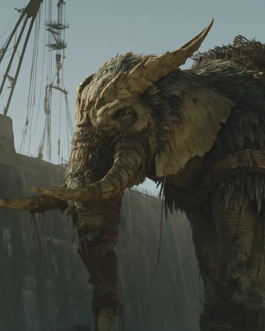 A Fathari at the harbour wall, four tusks and two horns carrying the work, owl eyes set in an elephant face under a coat of fine fur feathers.