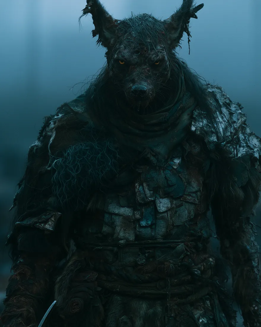 Foulab in the fog in armour made of scraps, jackal headed, with the carrion birds standing about his feet.