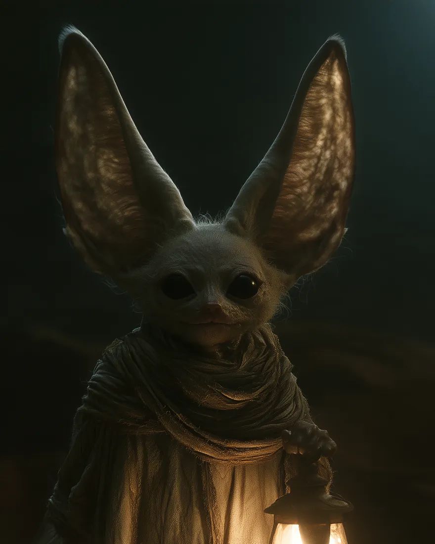 Foulek out in the night dunes with a lantern, the ears taller than the head that carries them.
