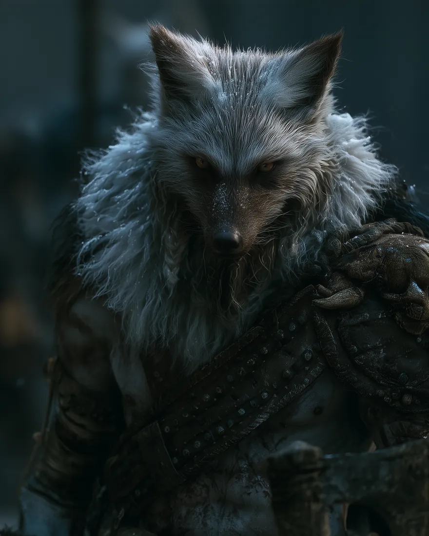 Foulgahr in a heavy grey ruff at the head of his pack, the rest of them waiting back in the snow.
