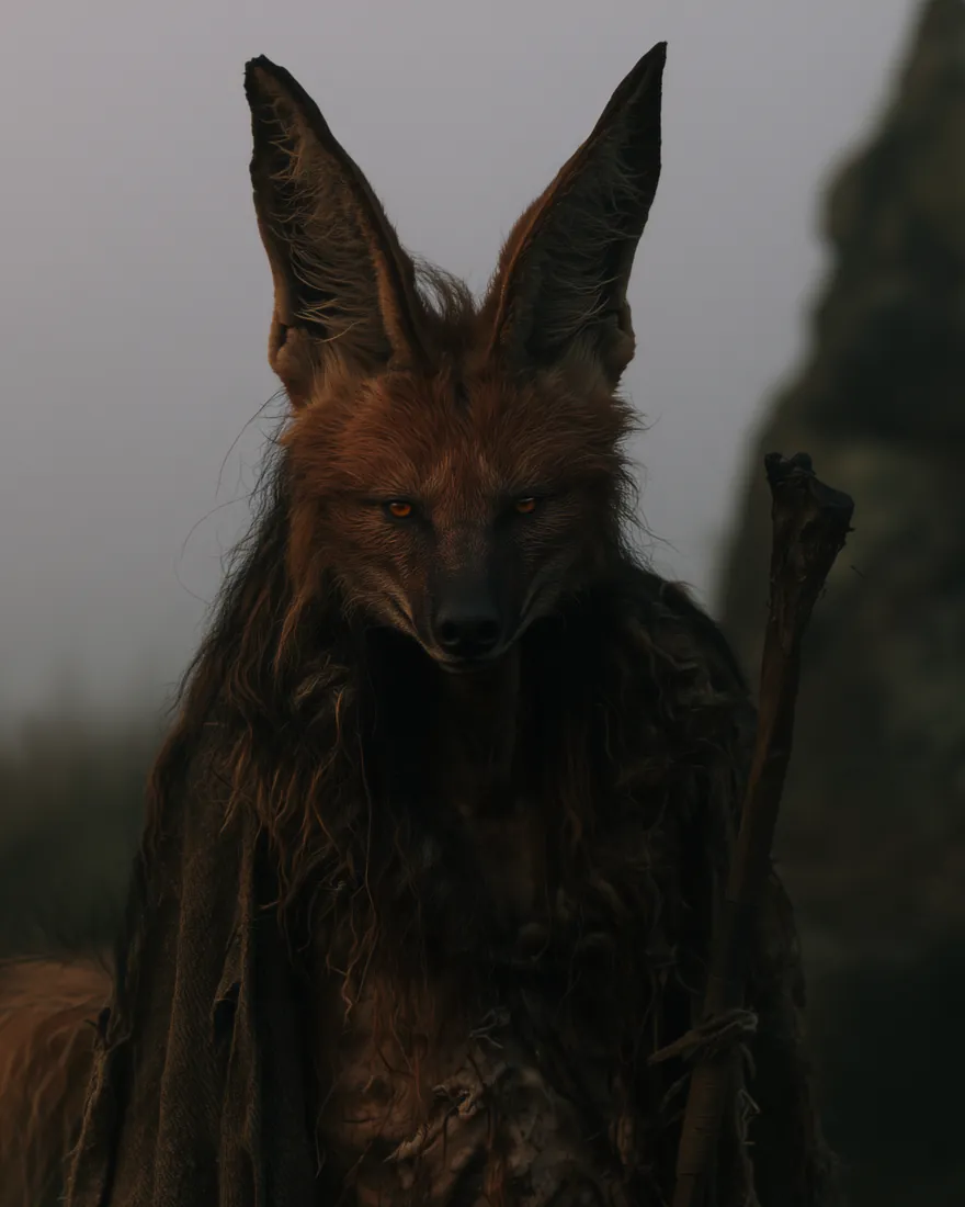 Fouloom standing long legged in the evening grass with a staff in hand and rust through the mane.