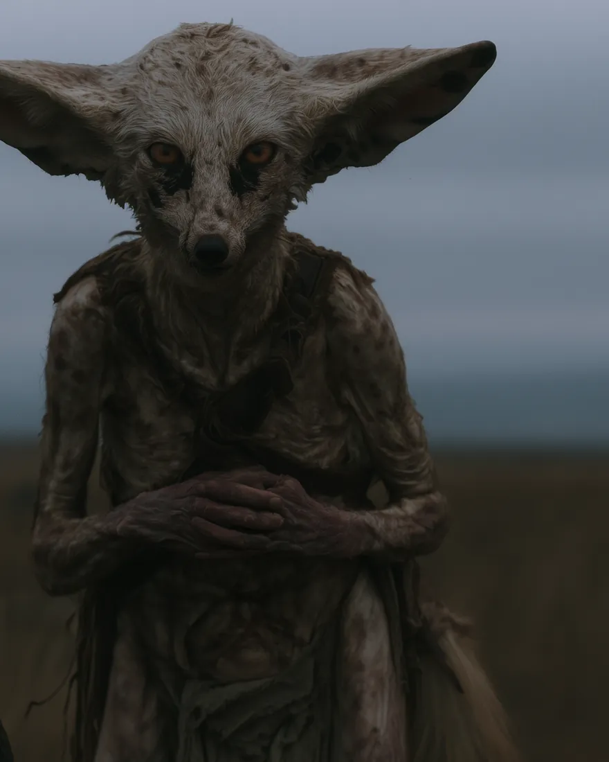 Foulrei out on the open plain, the ears held wide and the hands folded, small against all that grass.