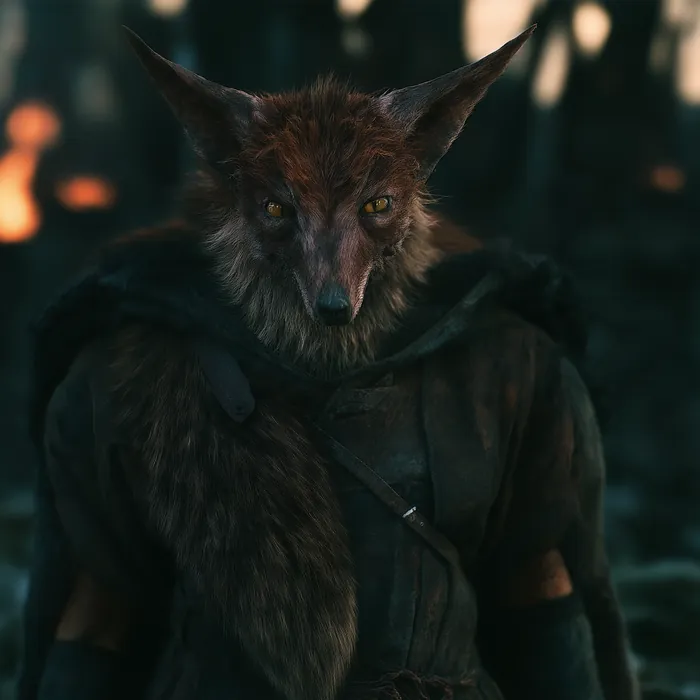 The Red Brush himself, rust red and sharp eared, watching the treeline with a fire burning behind him.