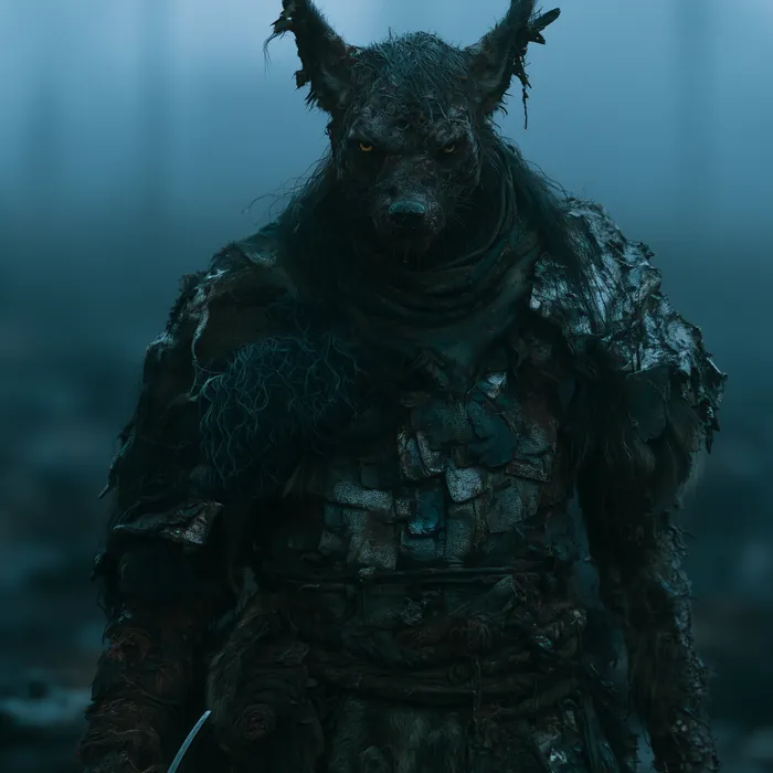 Foulab in the fog in armour made of scraps, jackal headed, with the carrion birds standing about his feet.