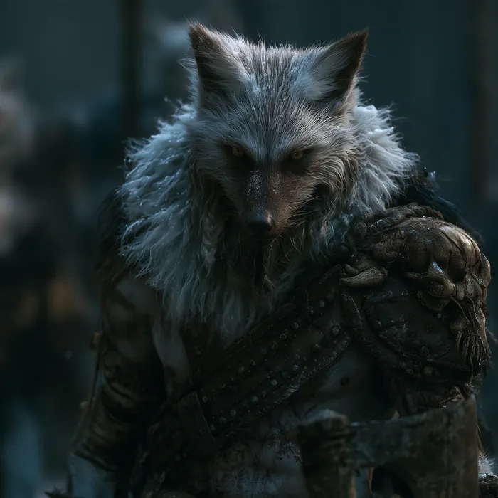 Foulgahr in a heavy grey ruff at the head of his pack, the rest of them waiting back in the snow.