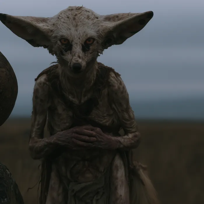 Foulrei out on the open plain, the ears held wide and the hands folded, small against all that grass.