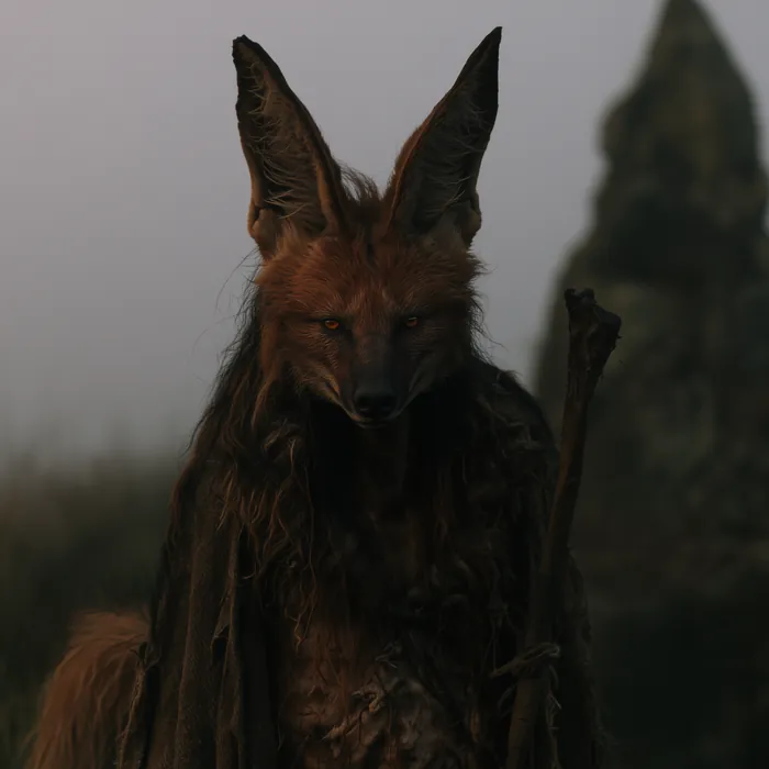 Fouloom standing long legged in the evening grass with a staff in hand and rust through the mane.