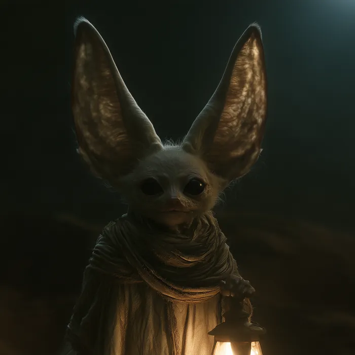 Foulek out in the night dunes with a lantern, the ears taller than the head that carries them.