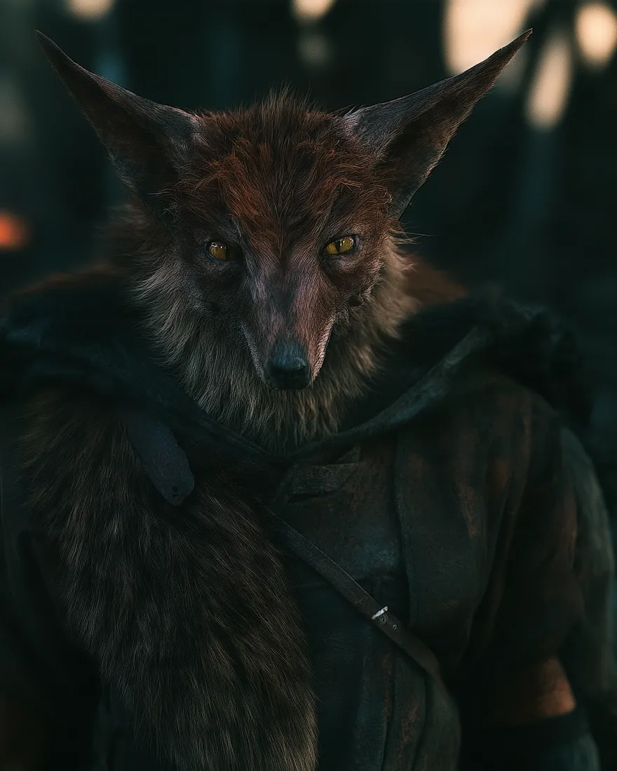 A Foulen at the edge of the firelight, fox headed and rust red through the ruff, the ears up and the eyes yellow.
