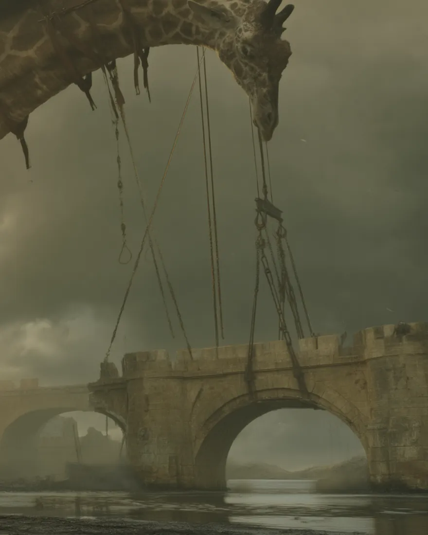 A Giafe stooped over a fortress causeway, the head carried near thirty feet up on a neck twice a giraffe's height, hauling lines slung from the crown.