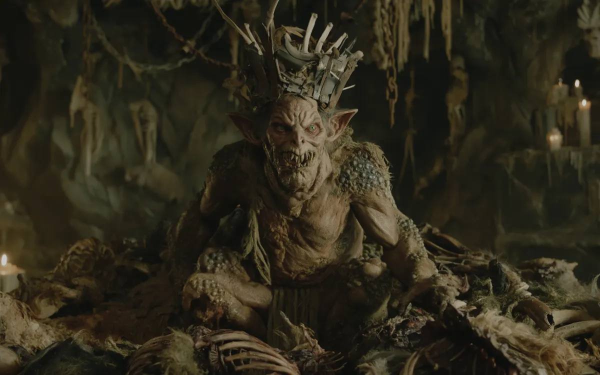 A Gorklin den in the mountain depths, candles set among the bone heap and a crowned elder sitting at the middle of it.