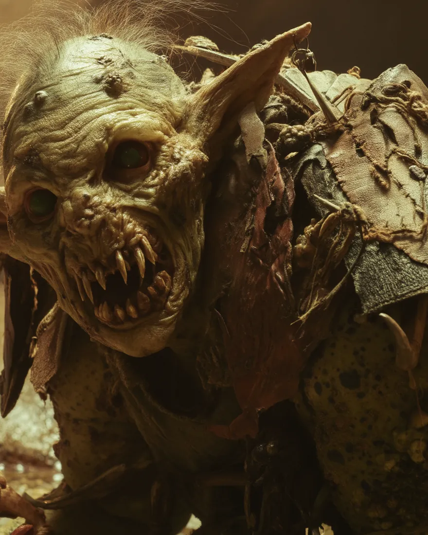 A Gorklin close up in firelight, green yellow skin thick with warts and tumours, the wide mouth full of stumpy jagged teeth.