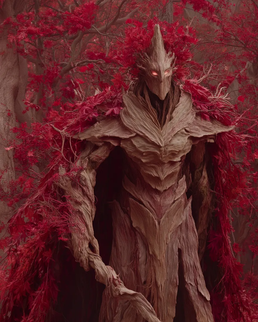 A Flosien in armour that is its own body, beige-white plating carved close, a crown of red leaves and a cape of red-pink vines.