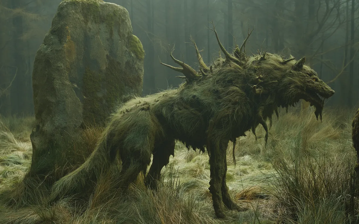 Standing stones in long wet grass at the edge of the wood, hunting country a fold hound crosses unheard.