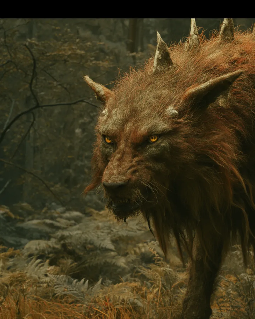 A Fould at the treeline on all fours, orange-green grass in place of fur, small rooted spikes running back along the bone.