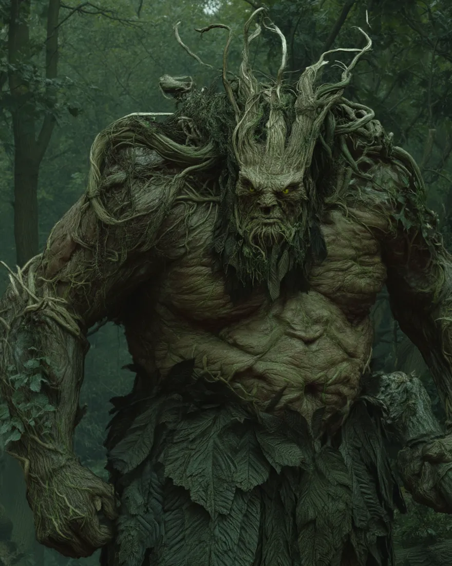 A Goalder at full height, fleshy bark over heavy muscle, vine hair and a beard of leaves above a skirt grown from the skin.