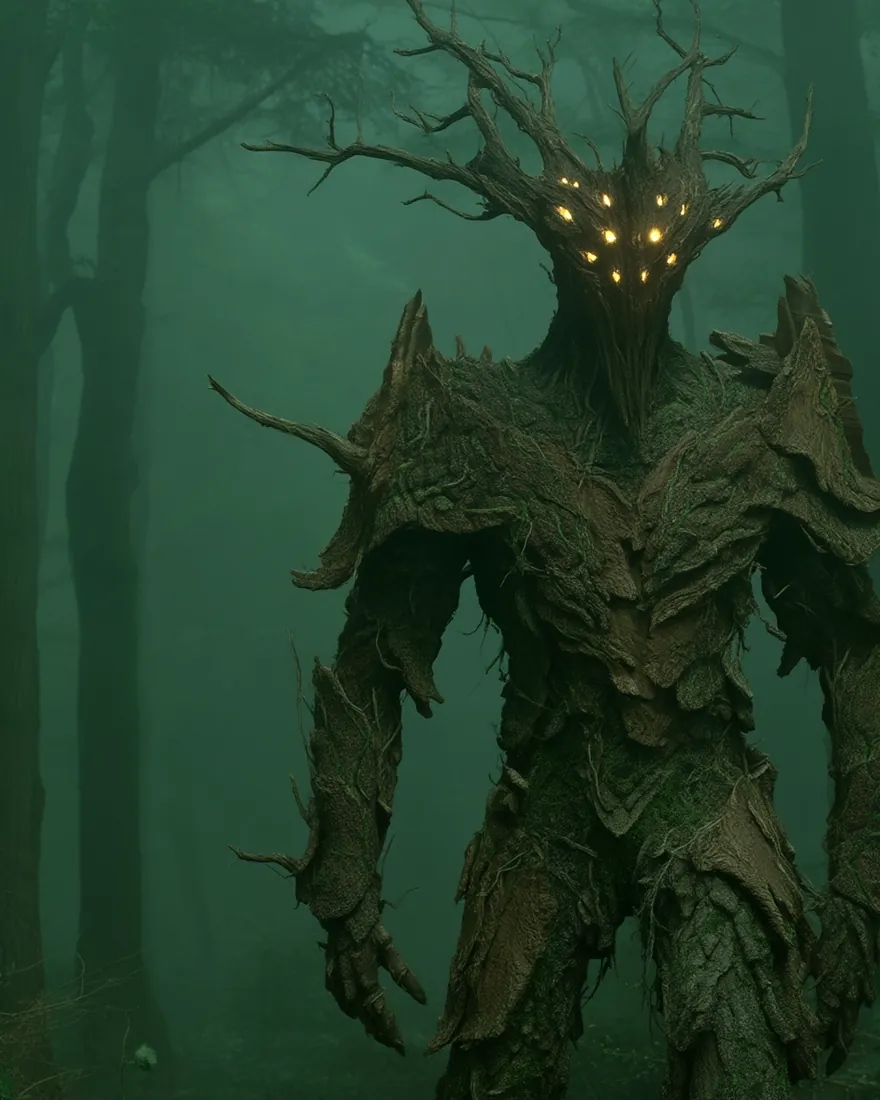 A Grekein in the green dark, the jagged branch helmet of its head split by twelve yellow sap eyes.
