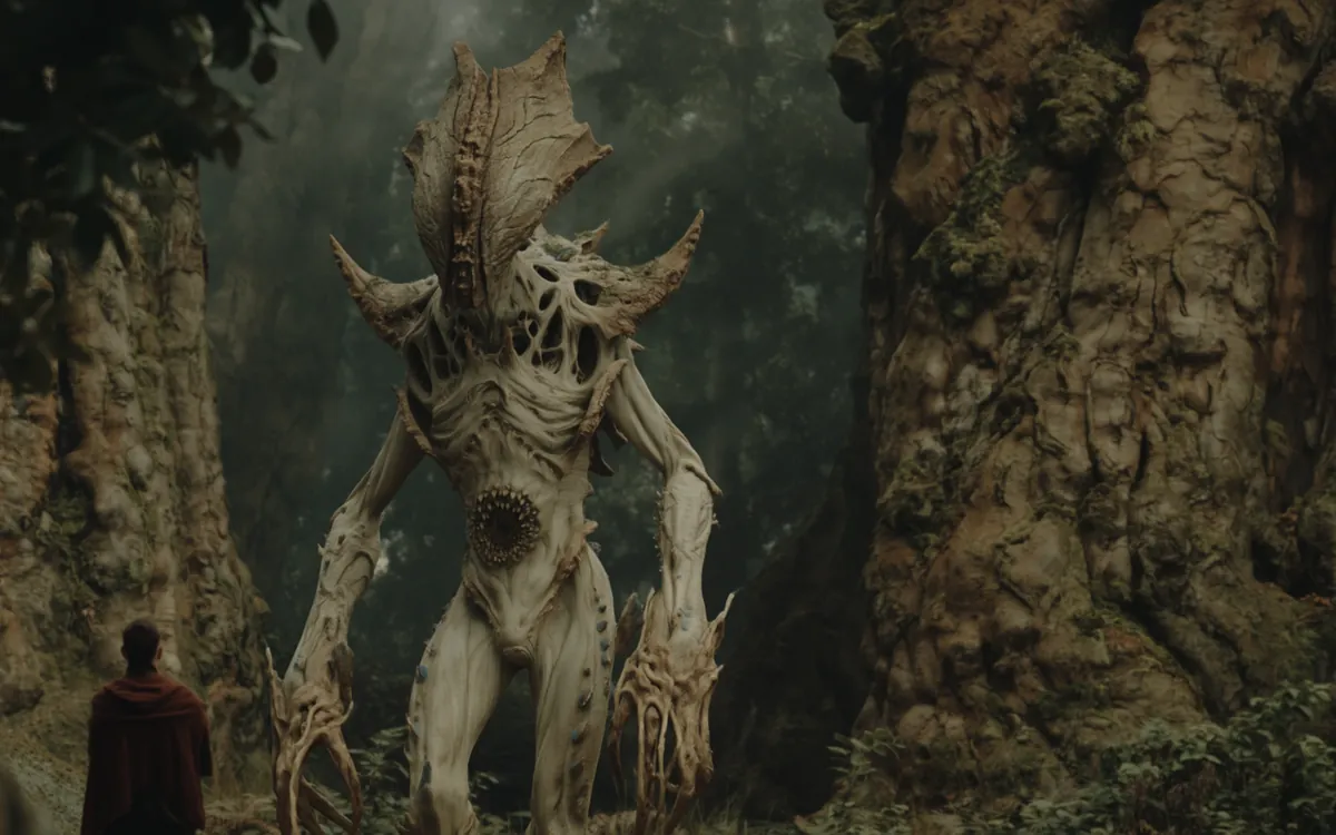 A Jakai received at the foot of the great trees, the traveller who came to speak standing small at its feet.