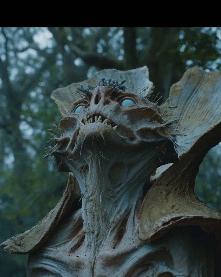 A Jakai with its head raised, shell plates jutting from the skull and joining behind, pale blue eyes deep in the sockets.