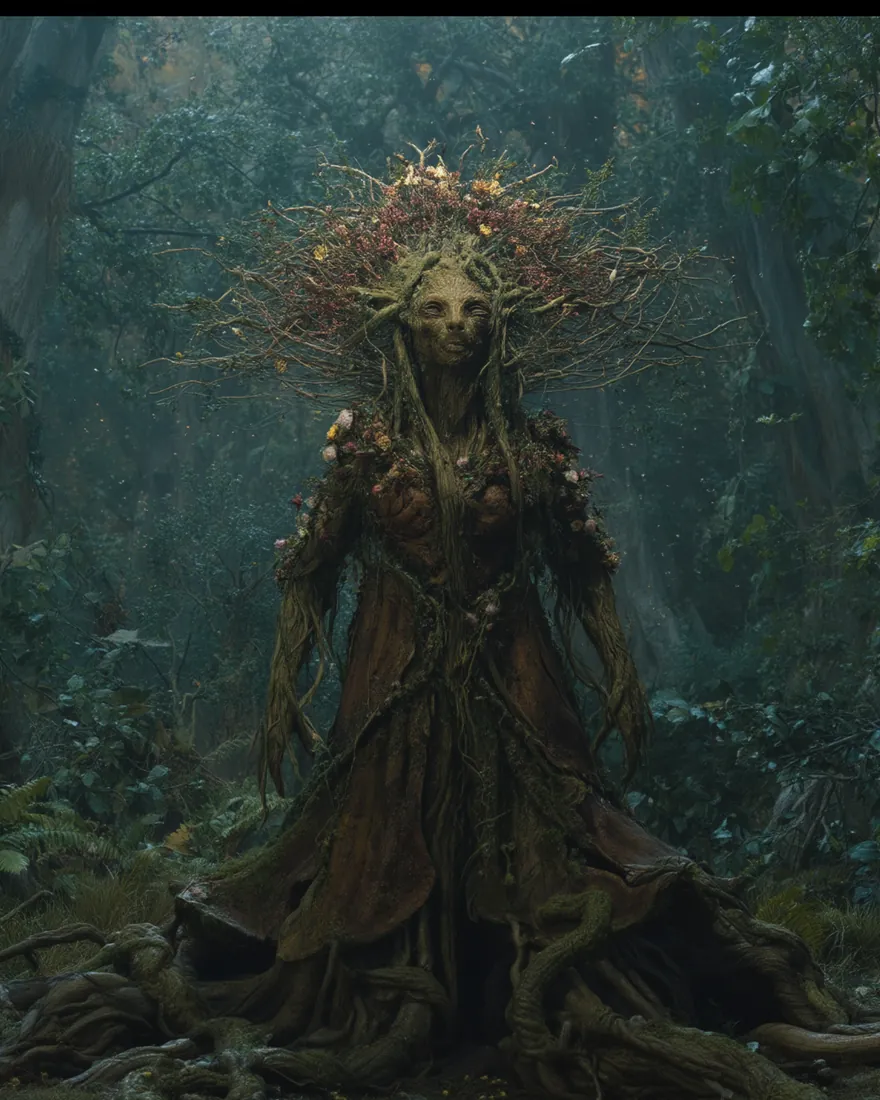The Mother Flower rooted on the forest floor, flower clusters netted through her hair, a robe of vines falling to the tangle she stands on.