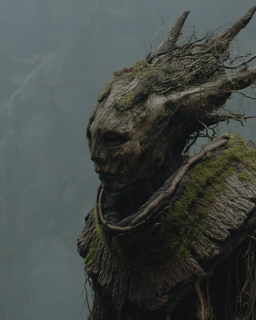 A Rieken in the fog, a face burned into smoothed bark, moss clusters and dangling roots over the collar.